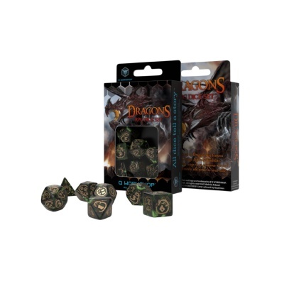 Conjunto de dados RPG Dragons com embalagem e dragão vermelho