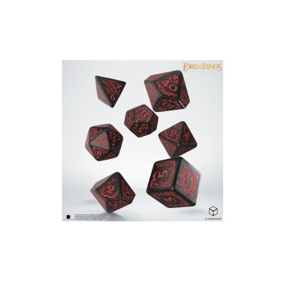 Conjunto de dados de jogo pretos com números vermelhos e símbolos de The Lord of the Rings