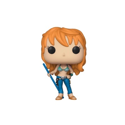Funko Pop personagem feminina com cabelo laranja e roupa azul/bege segurando bastão