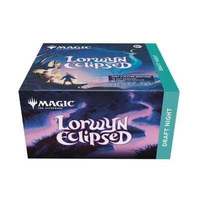 Caixa de jogo Magic The Gathering Lorwyn Eclipsed em azul e lilás com faixa verde Draft Night