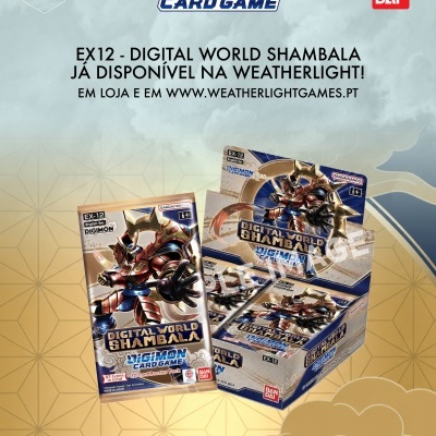 Pacote de cartas Digimon EX-12 Digital World Shambala com personagem robótico e caixa com vários pacotes