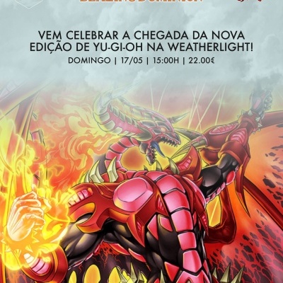Cartaz promocional Yu-Gi-Oh com dragão vermelho e texto do evento