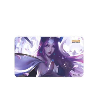 Tapete de rato com imagem de personagem feminina roxa e texto RIFTBOUND LEAGUE OF LEGENDS