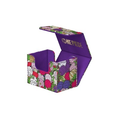 Porta-cartões colorido com padrão floral e texto ONE PIECE no interior roxo