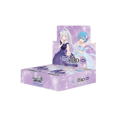 Caixa de cartas colecionáveis Weiss Schwarz Re:ZERO Vol. 3 com duas personagens femininas em vestido lilás.