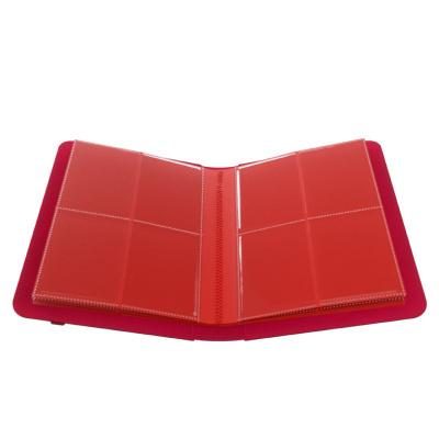 Porta-cartões vermelho aberto com compartimentos e costura branca