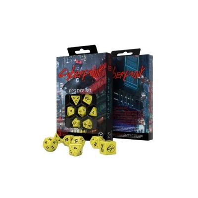 Conjunto de dados RPG Cyberpunk RED amarelos com embalagem urbana futurista