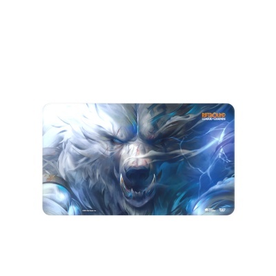 Tapete de rato com imagem de lobo branco feroz e texto RIFTBOUND LEAGUE OF LEGENDS