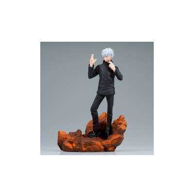 Figurina de personagem masculino com cabelo branco e fato preto em base rochosa laranja