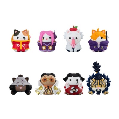 Oito bonecos colecionáveis de gatos com vários trajes e acessórios coloridos