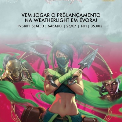 Promoção do pré-lançamento do jogo Vendetta Riftbound League of Legends com personagens ilustrativos e texto promocional em fundo de nuvens e cores vibrantes.