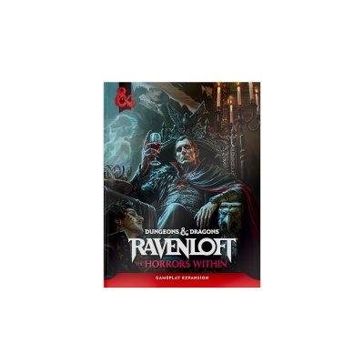 Capa de livro de RPG Ravenloft com homem vampiro sentado num trono a beber vinho e figuras sombrias ao fundo