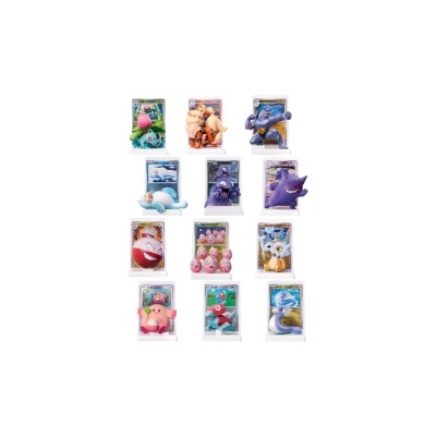 Figuras e cartas Pokémon em suportes de acrílico