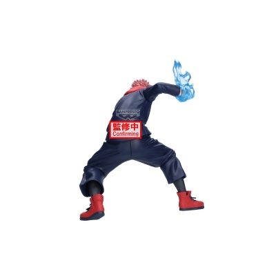 Figura de ação de personagem com roupa preta, botas vermelhas e mão com efeito azul