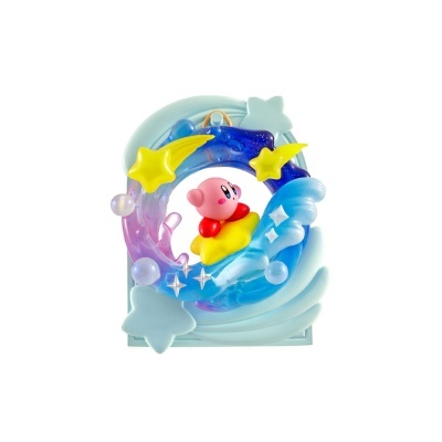 Figura de Kirby rosa numa estrela amarela cercada por estrelas e textura azul translúcida