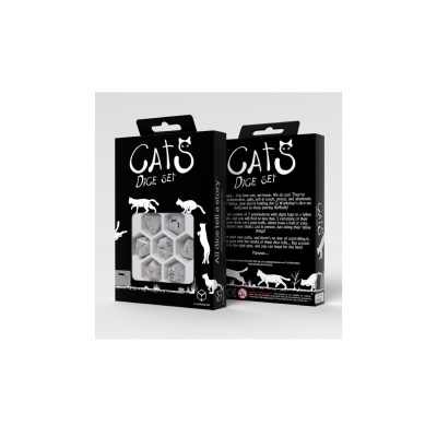 Conjunto de dados Cats Dice Set em caixa preta com desenhos de gatos.