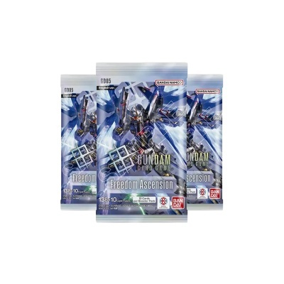 Pacote de cartas Gundam Card Game Freedom Ascension com robô azul e branco