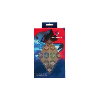 Conjunto de dados Daggerheart coloridos em embalagem azul e vermelho