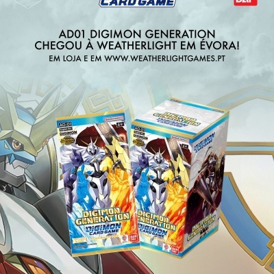 Promoção jogo cartas Digimon Generation com embalagem e pacote coloridos e personagens robóticos.