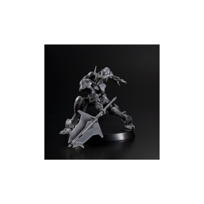 Miniatura de robô cinzento com lança sobre base preta