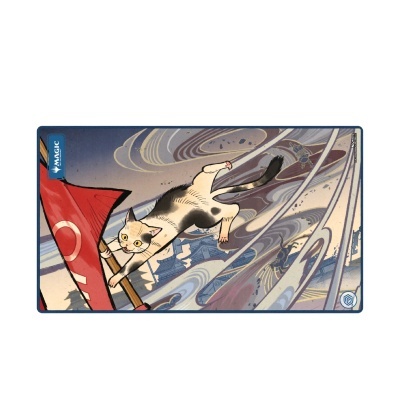 Tapete de jogo Magic The Gathering com ilustração de um gato segurando uma bandeira vermelha