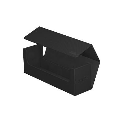 Caixa preta de armazenamento com tampa aberta e texto em relevo