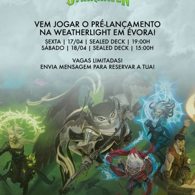 Cartaz promocional do jogo Magic: The Gathering com texto e ilustração de personagens fantásticos.