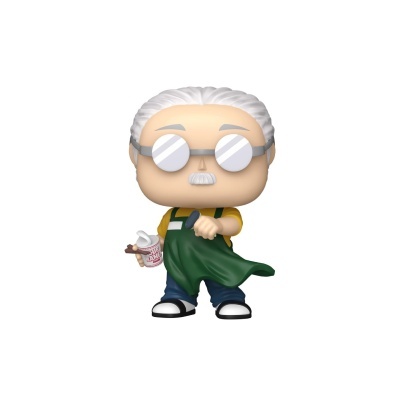 Figura Funko Pop homem idoso com avental verde e taça com texto CUP RAMEN