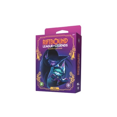Embalagem roxa do jogo de cartas RIFTBOUND LEAGUE OF LEGENDS com ilustração de personagem