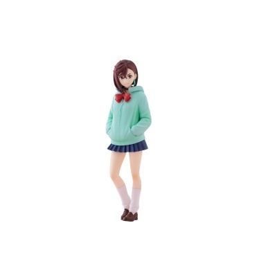 Figura colecionável personagem feminina com casaco verde água e saia azul.