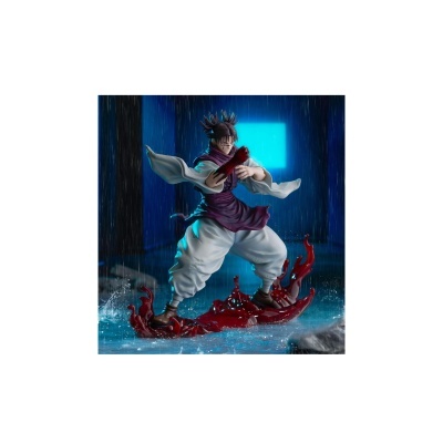 Figura de ação masculina em pose de combate com roupa branca e roxa e cabelos repartidos em fundo azul