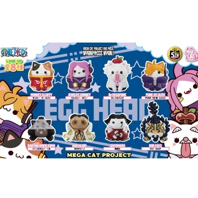 Figuras colecionáveis de gatos One Piece coloridas com texto promocional em fundo azul