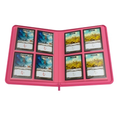 Álbum rosa com oito cartões colecionáveis de jogo