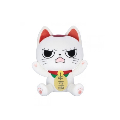 Pelúcia de gato branco zangado com coleira vermelha e medalha amarela