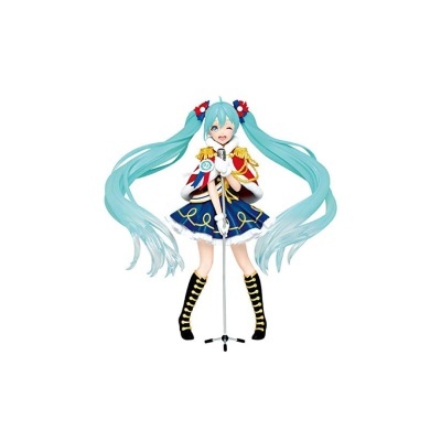 Figura de personagem animada com cabelo azul e vestido azul a cantar