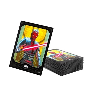 Cartas colecionáveis Star Wars com personagem vermelho e sabre de luz