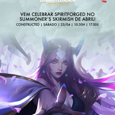 Promoção do jogo Riftbound com personagem feminina de cabelos roxos e manto azul e dourado