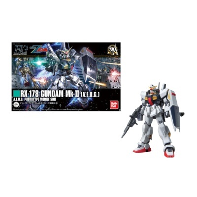 Miniatura do model kit RX-178 Gundam Mk-II e caixa do produto com imagem ilustrativa