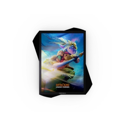 Poster com personagem azul segurando bastão com fundo azul e amarelo e texto Riftbound League of Legends.