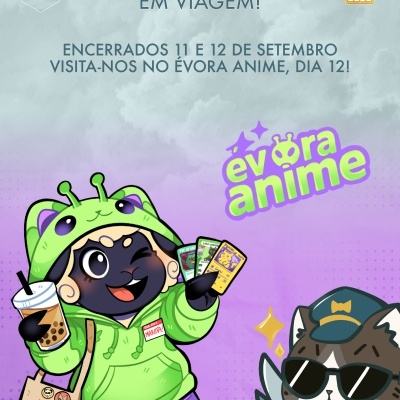 Ilustração personagem com hoodie verde e copo de bebida com texto ÉVORA ANIME.