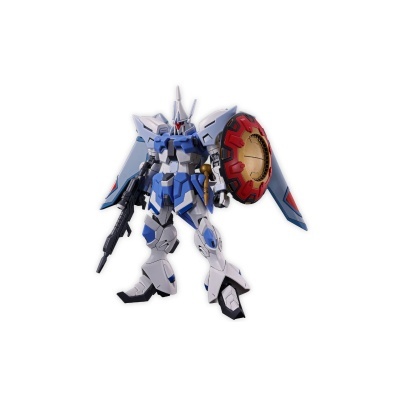 Figura robótica articulada azul, branca e cinzenta com escudo e arma
