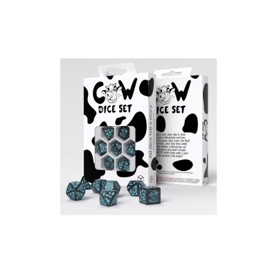 Conjunto de dados COW DICE SET com 7 dados coloridos em embalagem preta e branca com desenhos de vaca.