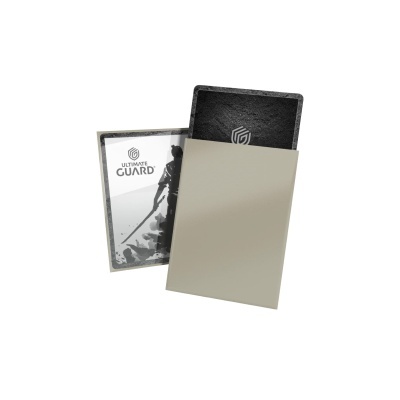 Capas de cartas Ultimate Guard cinza claro e preta com samurai monocromático.