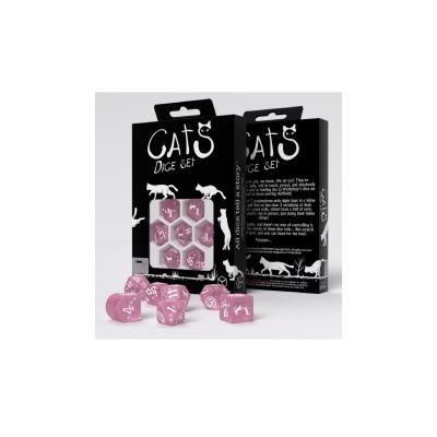 Conjunto de dados Cats Dice Set cor de rosa com caixa preta e ilustrações de gatos