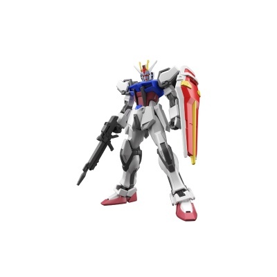 Figura robótica Gundam com arma e escudo em fundo branco