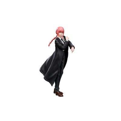Figura de ação anime feminina com casaco preto e cabelo rosa trançado.