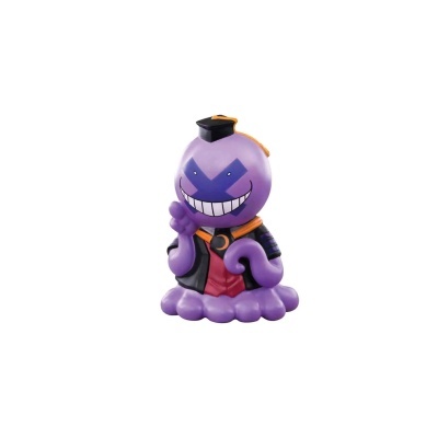 Figura decorativa roxa com rosto sorridente e chapéu preto e laranja