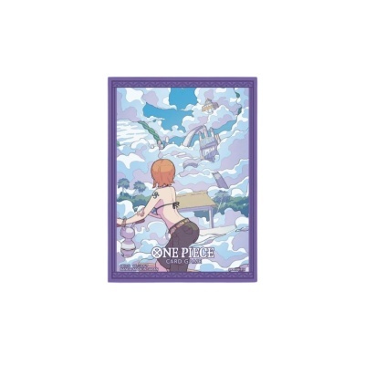 Embalagem do jogo de cartas One Piece com personagem de costas e fundo de nuvens e edifícios flutuantes