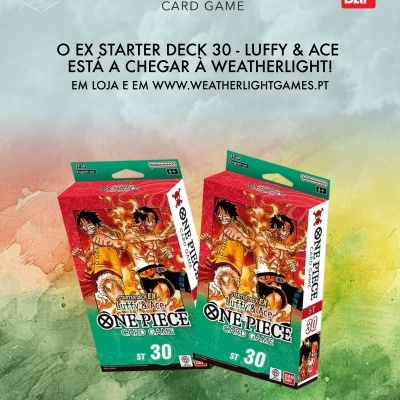 Promoção do Starter Deck 30 do O N E P I E C E Card Game com Luffy e Ace em fundo colorido e texto em português