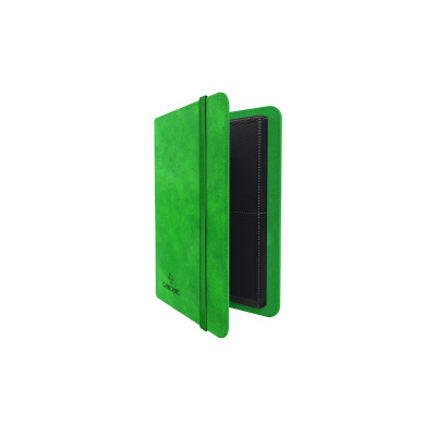 Estojo verde em tecido com elástico lateral e interior preto com costura branca.